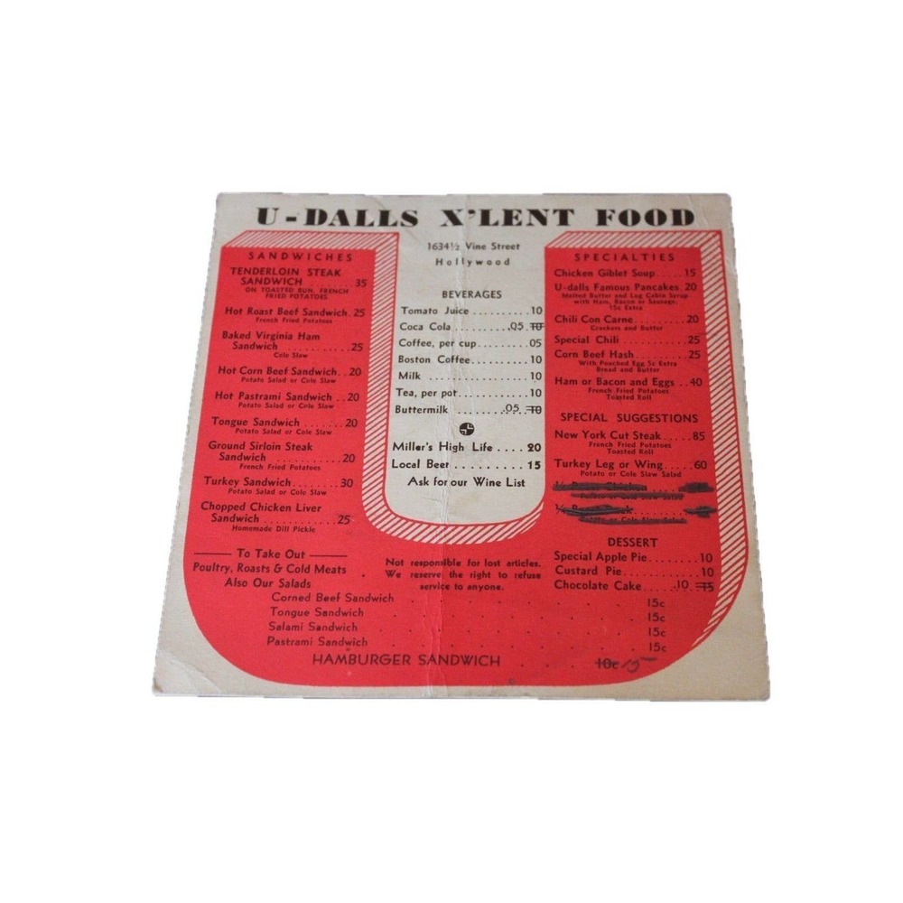 Vintage Menu Hollywood CA 1940s U-Dalls X'Lent Food Ephemera Restaurant MCM Core